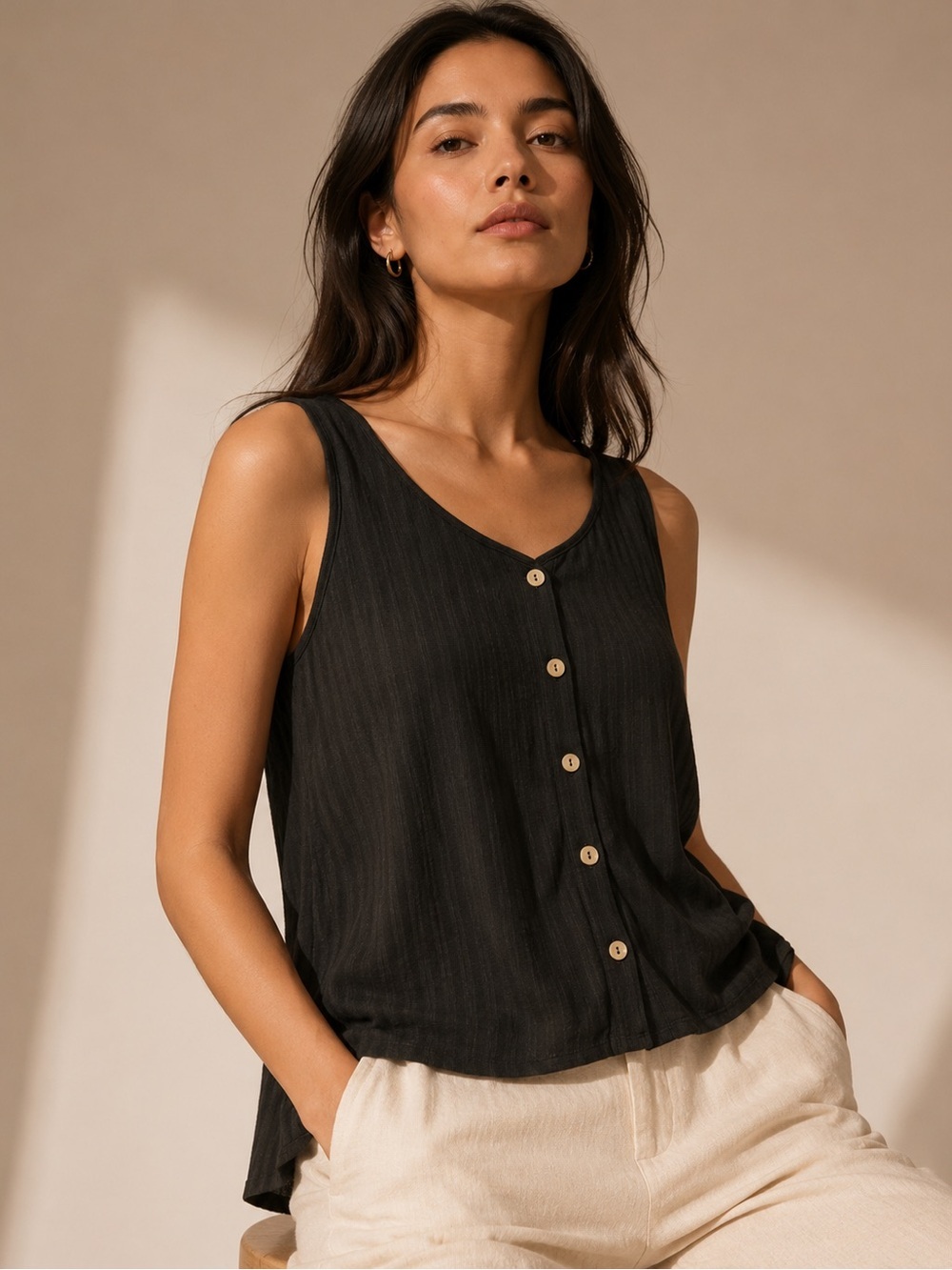 Notations Woman Black Textured Sleeveless Button Front Tank Top Plus 2X